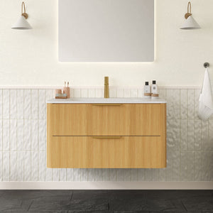 English Elm ZANE 36" Bathroom Vanity with Integrated Hot-Press Sintered Stone Basin, Floating Plywood Cabinet, Soft-Close Drawers and Moisture-Resistant Finish Carrara White,Light Oak W2615P360726