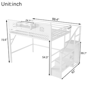 English Elm Queen Size Loft Bed With House-Shaped Guardrails, Stairs & Wardrobe - Perfect For Kids & Teens! W2593S00038-GIGA