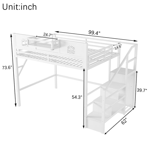 English Elm Queen Size Loft Bed With House-Shaped Guardrails, Stairs & Wardrobe - Perfect For Kids & Teens! W2593S00038-GIGA