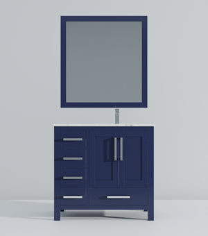 English Elm Navy 36 in. Bath Vanity with Right Offset Carrara Marble Top, Chrome Faucet, 34” Mirror, Durable Surface B2731S01269