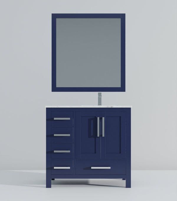 English Elm Navy 36 in. Bath Vanity with Right Offset Carrara Marble Top, Chrome Faucet, 34” Mirror, Durable Surface B2731S01269