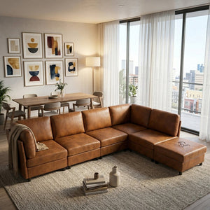 English Elm Modern Foil Fabric Modular Sectional Sofa Reconfigurable Living Room Seating Light Brown W5568S00051