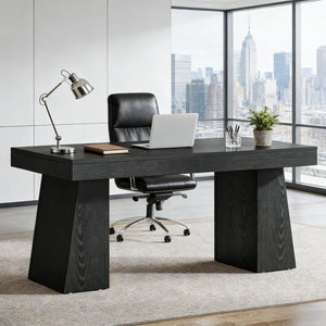 English Elm Writing Desk with Five Drawers Reversible Cabinet Home Office Vanity Workstation Black T3971P452733