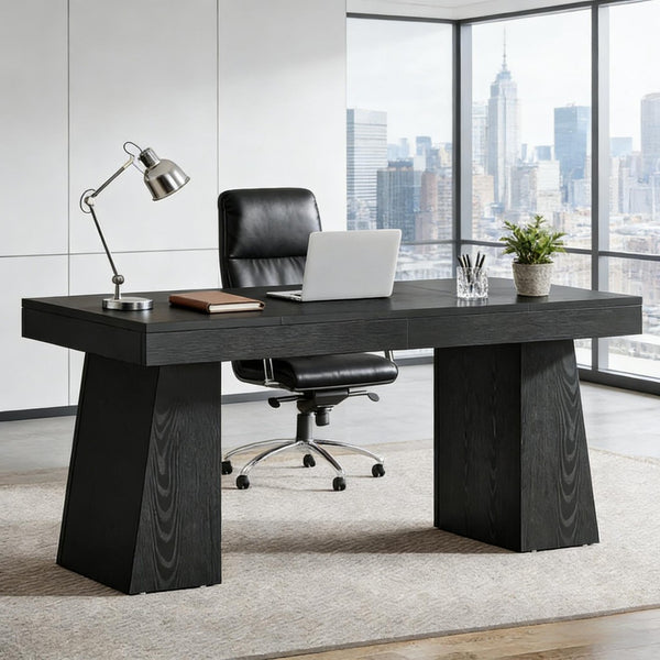 English Elm Writing Desk with Five Drawers Reversible Cabinet Home Office Vanity Workstation Black T3971P452733