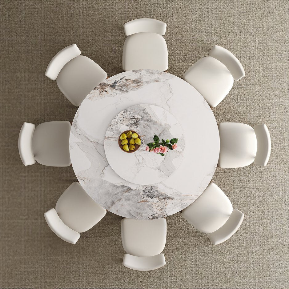 English Elm 59-Inch Modern Sintered Stone Dining Table Set With Rotating Turntable & 8 Chairs For Stylish Gatherings W509S00132