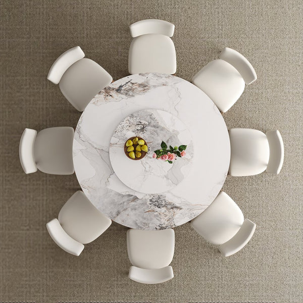 English Elm 59-Inch Modern Sintered Stone Dining Table Set With Rotating Turntable & 8 Chairs For Stylish Gatherings W509S00132