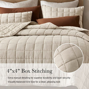 English Elm 3-piece French Linen Quilt Set Garment Washed Breathable Box Stitched Bedding Linen B035P408297