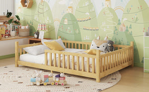 English Elm Twin Montessori Floor Bed House Frame with Led Lighting and Safety Rails for Kids Natural W2593P440591
