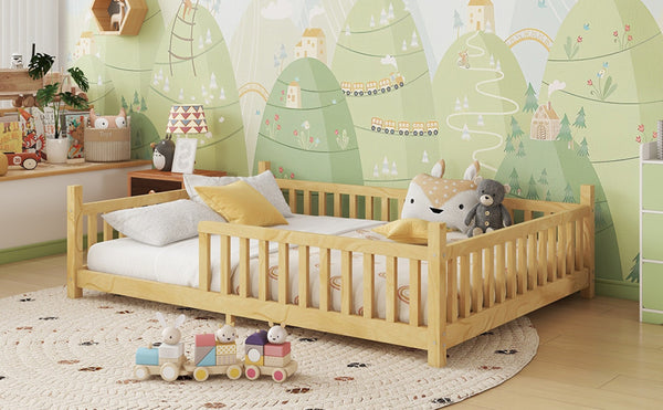 English Elm Twin Montessori Floor Bed House Frame with Led Lighting and Safety Rails for Kids Natural W2593P440591