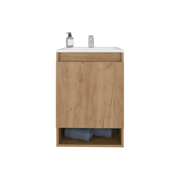 English Elm Natural Oak Wall-Mounted Bathroom Vanity With Sink, Open Shelf & Modern Space-Saving Design B062S01379