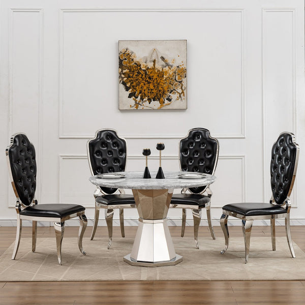 English Elm 47" Round Marble Dining Table - Stylish Faux Marble Top & Durable Stainless Steel Base For Any Space W3456S00004