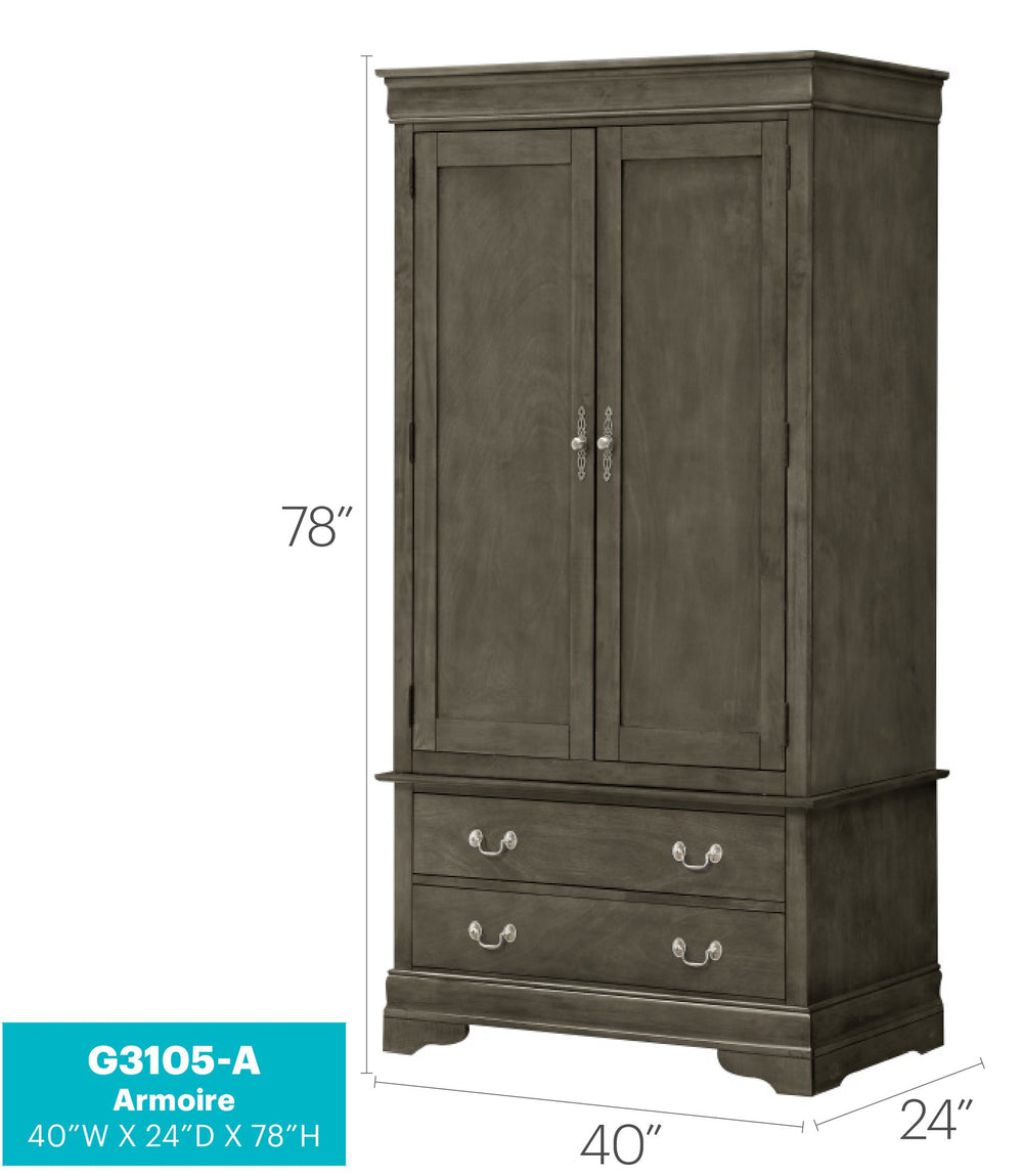 English Elm Louis Phillipe G3105-A Armoire Gray — Traditional Carved Mouldings, 2 Dovetailed Drawers, Tarnish-Resist Hardware B078S00291