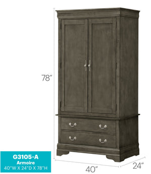 English Elm Louis Phillipe G3105-A Armoire Gray — Traditional Carved Mouldings, 2 Dovetailed Drawers, Tarnish-Resist Hardware B078S00291