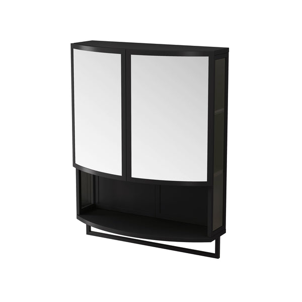 English Elm 23.62"Modern Arched Glass Cabinet with Shatterproof Mirror, Double-Layer Storage, Towel Rack, Black W757P314594