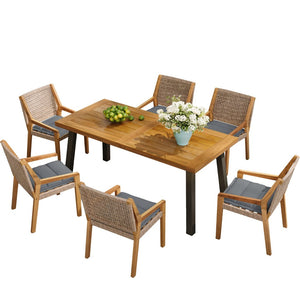 English Elm Modern Acacia Wood Wicker Armchair Outdoor Dining Set Seats Six on Patio N770PS797R192