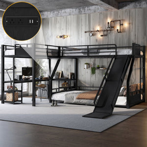 English Elm L-shaped Metal Triple Bunk Bed with Slide Desk Shelves and Usb Charging Black W1580S00569