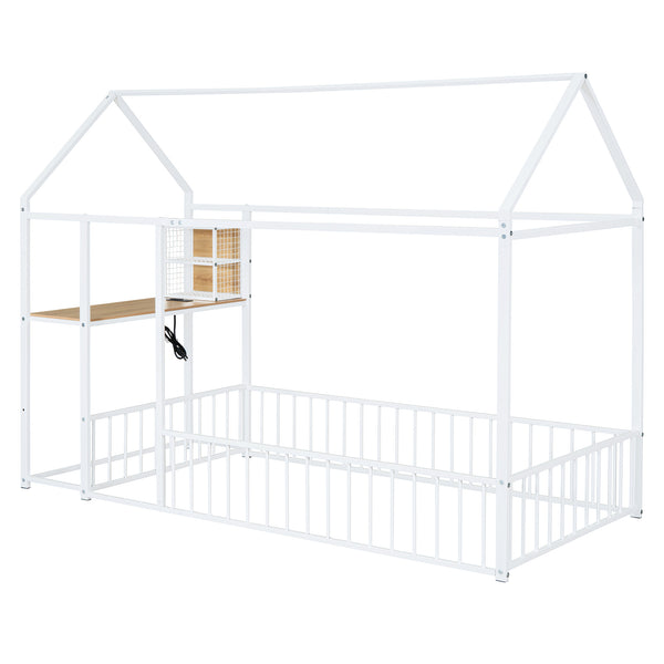 English Elm Twin House Bed Frame with Roof & Fence, Metal Twin Loft with Built-In Desk Shelves USB Outlets White N737P173490K