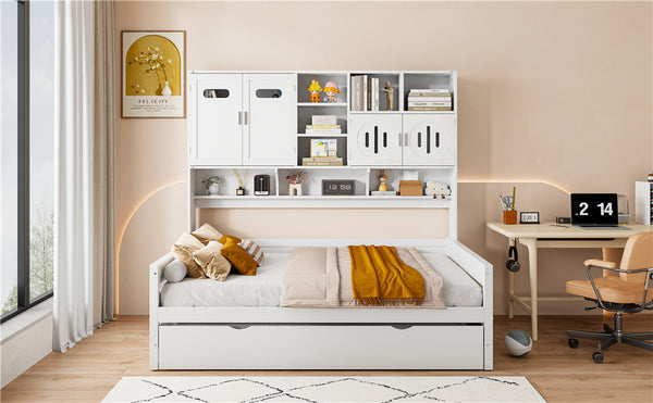 English Elm Full Size Wooden Daybed With Twin Trundle, Integrated Storage Cabinet & Stylish White Finish N820S00027K