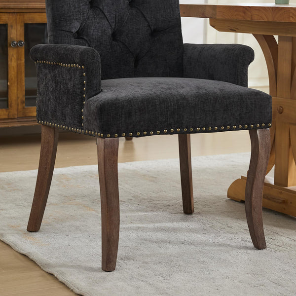 English Elm Upholstered Chenille Dining Chair with Hand-Tufted Back, Curved Solid Wood Legs, Comfortable Armseat Black W1143P346928
