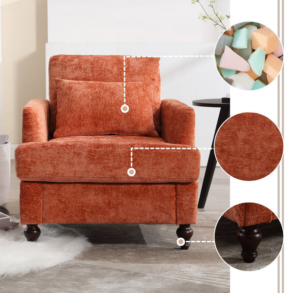 English Elm Wood Frame Armchair Tufted Chenille Lounge Chair with Ergonomic Back & Solid Wood Frame, Cozy Seat Dark Orange W395P151909