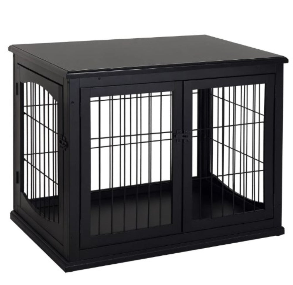 English Elm Small Dog Crate End Table with French Doors Arched Windows and Black Mdf Finish T3971P433245