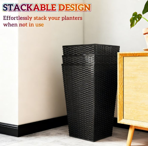 English Elm Outdoor Tall Rattan Style Column Planters Set of 3 Uv Resistant Pp with Drainage T3971P423354