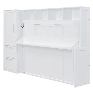 English Elm Full Size Murphy Wall Bed with Wardrobe Drawers Studio Apartment Space Saver White LP000792AAK-2