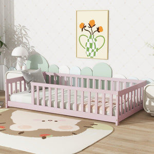 English Elm Twin Solid Rubberwood Floor Bed with Full Perimeter Safety Rails for Toddler Rooms Pink W504P296798