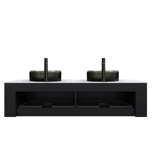 English Elm Dina 60 Inch Floating Bathroom Vanity Sintered Stone Top Dual Glass Basins Wood Grain Black,Carrara White W2615S00249