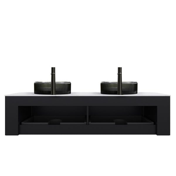 English Elm Dina 60 Inch Floating Bathroom Vanity Sintered Stone Top Dual Glass Basins Wood Grain Black,Carrara White W2615S00249