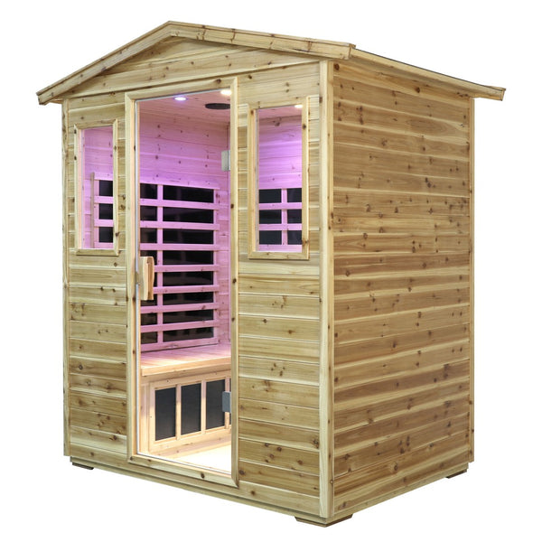 English Elm Four Person Outdoor Infrared Sauna with Solid Fir Wood Bluetooth Audio Low Emf Panels W632S00032