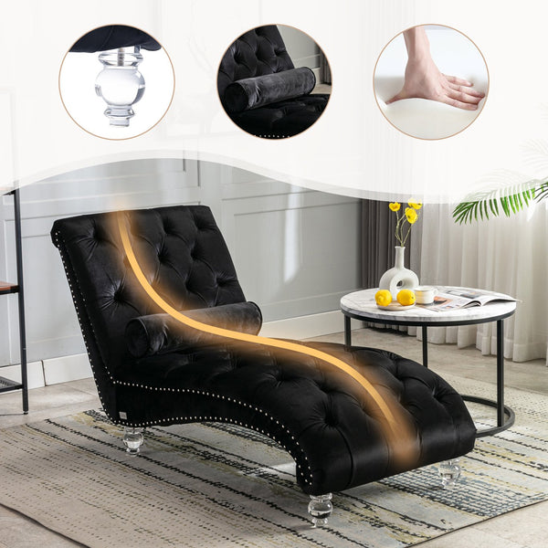 English Elm Velvet Curved Chaise Lounge Sofa with Button-Tufted Back, Thick Foam Cushion & Acrylic Legs for Living Room Comfort Black W39538681
