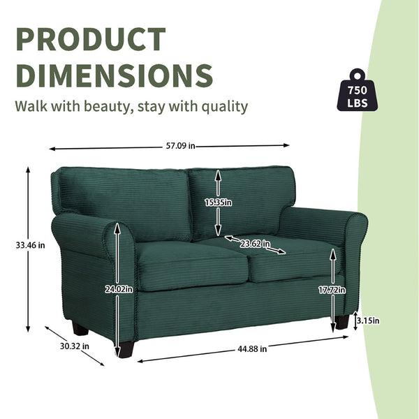 English Elm 57" Corduroy Two Seater Sofa Removable Cushions Solid Wood Frame Compact Living Room Dark Green W2715P433634