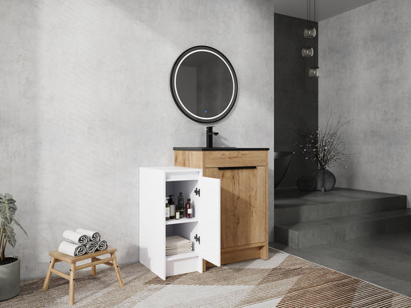 English Elm 36 Inch Freestanding Bathroom Vanity With Black Ceramic Sink & Soft-Close Doors For Modern Spaces W999S00308