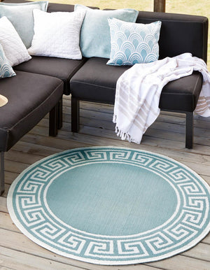 Unique Loom Outdoor Coastal Caye Machine Made Border Rug Aqua, Ivory/Gray/Green 7' 1" x 7' 1"