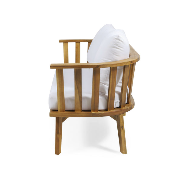 English Elm Christopher Knight Home® - 2 Person Acacia Wood Patio Seating Set with Curved Back Loveseat, Teak Finish, White Cushions, Coffee Table 70334.00WHI_70336.00