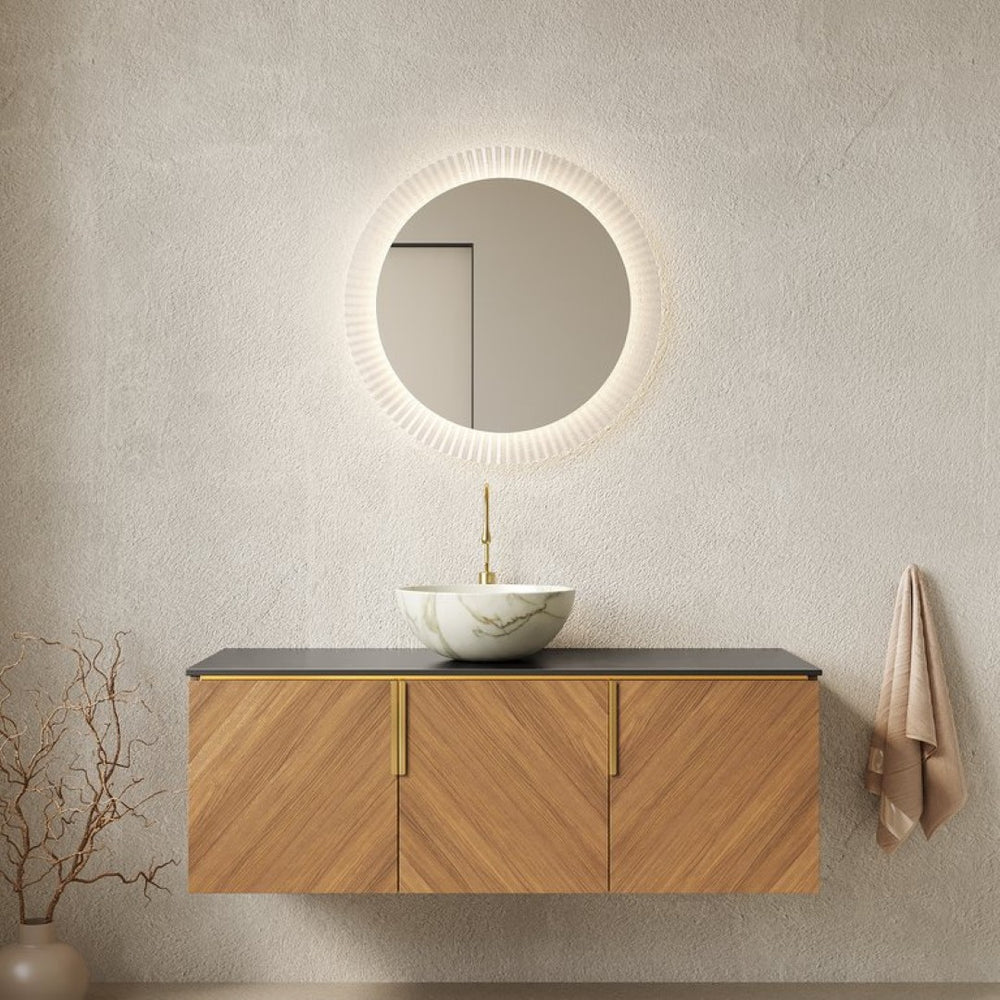 English Elm Arai 48 Inch Wall Mounted Bathroom Vanity Oak Plywood Cabinet Sintered Stone Top W2615S00547