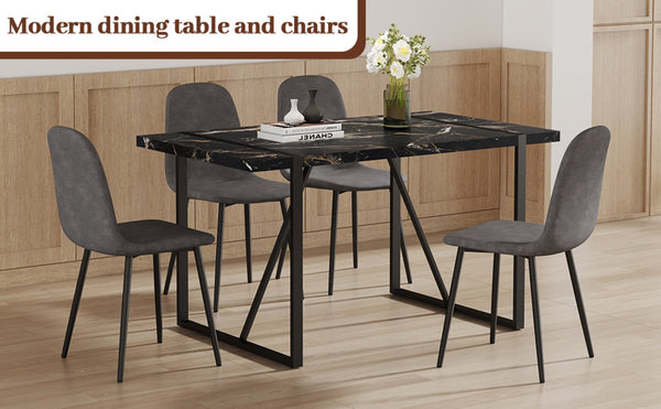 English Elm Table Modern Black Marble Dining Set With 4 Dark Gray Linen Chairs - Stylish, Stable, Easy Assembly W1151S03838-GIGA
