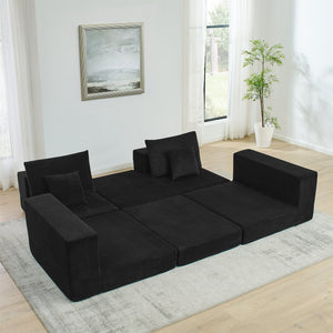 English Elm Modular Cloud Sectional Sofa with Corduroy Upholstery, Deep-Seat Sleeper Loveseat, Removable Ottoman, No-Assembly Comfort and Customizable Configuration Black W1117P357545