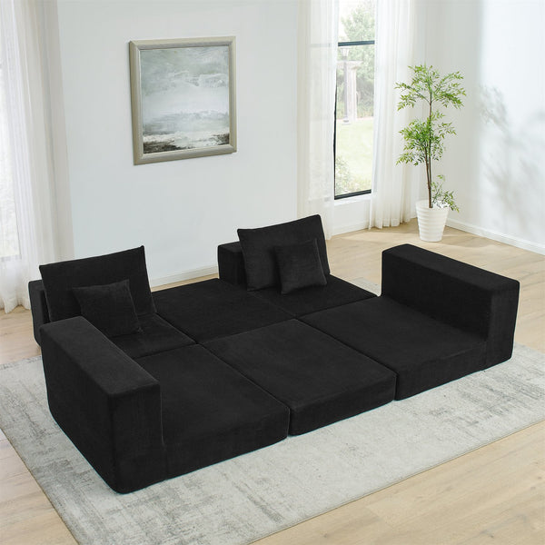 English Elm Modular Cloud Sectional Sofa with Corduroy Upholstery, Deep-Seat Sleeper Loveseat, Removable Ottoman, No-Assembly Comfort and Customizable Configuration Black W1117P357545