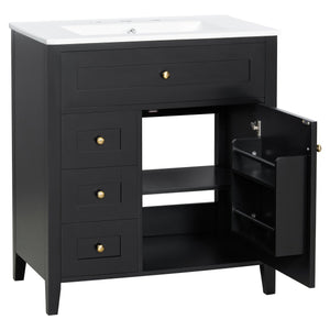 English Elm 30-Inch Contemporary Bathroom Vanity with Sink, MDF & Rubberwood, Glossy Finish, 3 Drawers + Cabinet Black N725P350819B