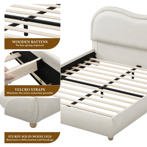 English Elm Queen Chenille Upholstered Bed Curved Headboard Oak Legs Wooden Slat Platform Frame W1716P387789