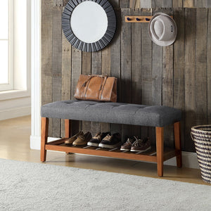 English Elm Charla Tufted Gray Fabric & Oak Finish Bench with Slatted Storage Shelf, 40" Seat, Modern Entryway B2726P256274