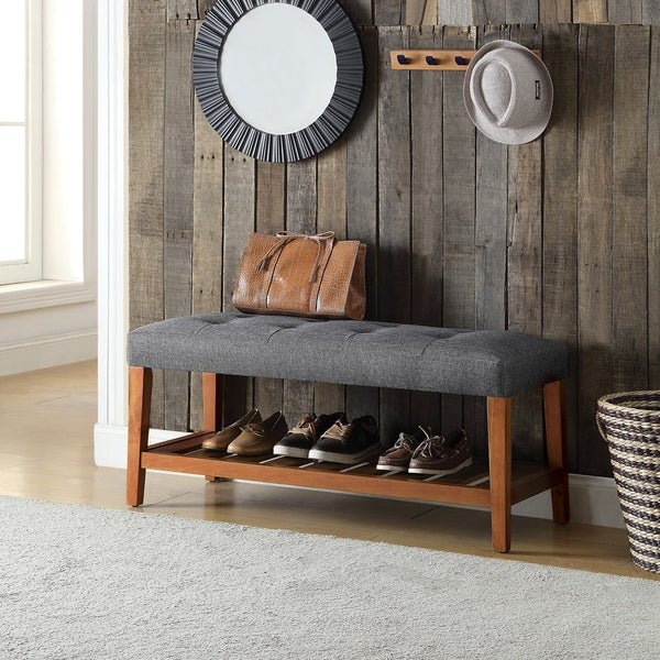 English Elm Charla Tufted Gray Fabric & Oak Finish Bench with Slatted Storage Shelf, 40" Seat, Modern Entryway B2726P256274