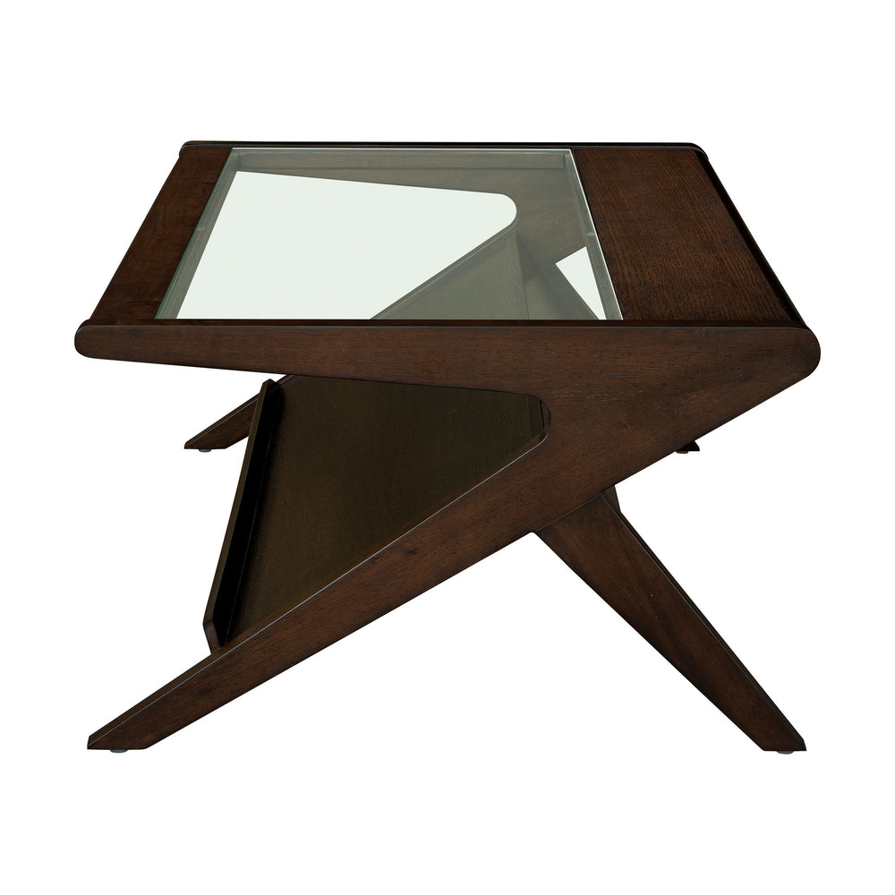 JLA Home INK+IVY - wood Rocket mid-century coffee table with tempered glass top, angled base & lower shelf storage — warm finish, sleek style II120-0608