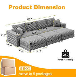 English Elm 102.4 Inch Plush Corduroy Cloud Sofa Deep Seat Four Person Convertible Lounge for Living Room Grey W1885S00284