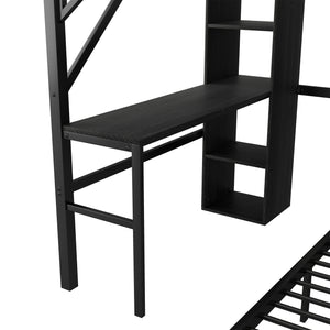 English Elm Full Full over Twin Metal Bunk Bed with Desk, Bookshelves, LED Lighting & USB Charge Station, Black W2580S00040