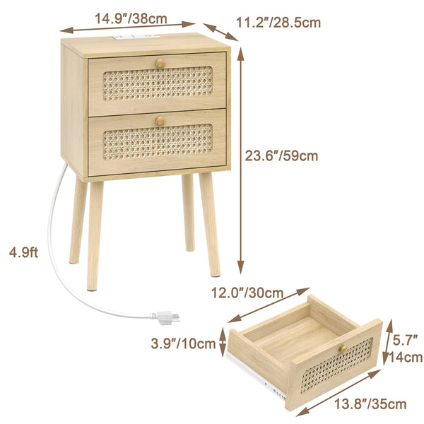 English Elm 15"W Rattan 2-Drawer Nightstand with USB/AC Ports, Natural Boho Wood Bedside Table, Compact Storage T3771P351733