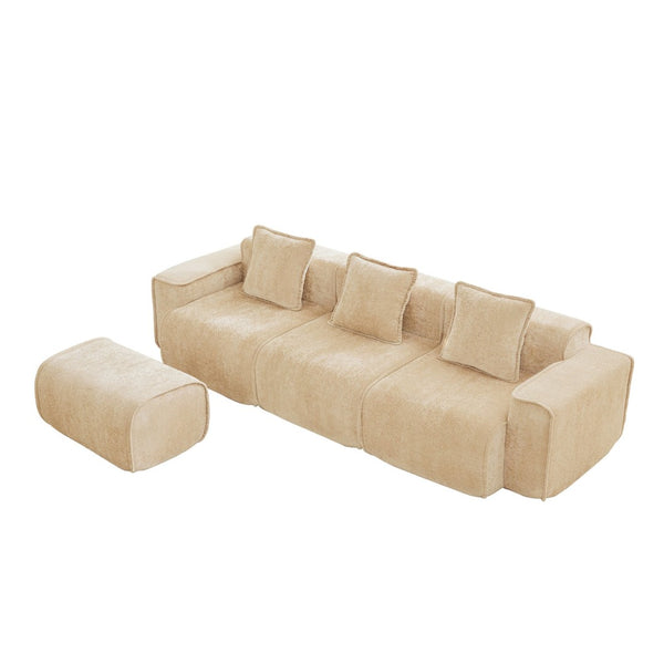 English Elm Streamlined Velvet L-shaped Sectional Sofa with Ottoman and Cloud Cushion Living Room Light Camel W3041S00352