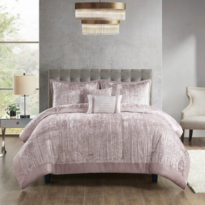English Elm 5 Piece Crinkle Velvet Comforter Set King/Cal King Luxe Glam Crushed Pleat Charmeuse Trim, Hypoallergenic Filling Blush 19.29 L x 23.62 W x 12.2 H B035P148352